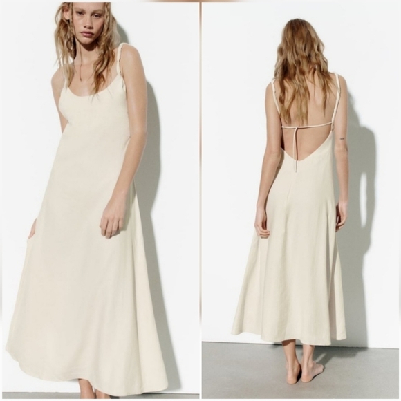 Zara Dresses & Skirts - Zara, New Ivory Linen Blend Twist Strap Strappy Open Back Maxi Dress Size XXL